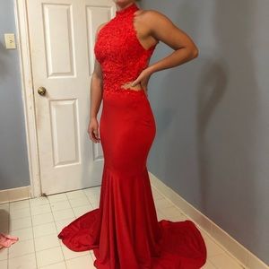 Red lace prom dress with train